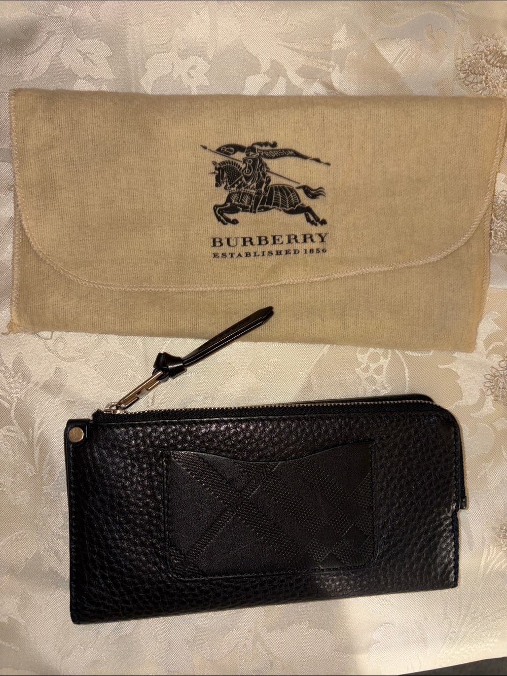 Burberry Black Pebbled Leather Zip Wristlet Wallet with Signature Patch